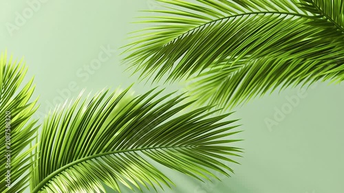 Closeup of Lush Green Palm Fronds Against a Soft Pastel Background.
