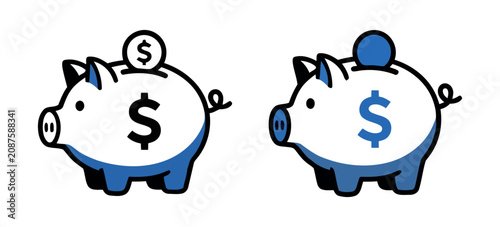 Set of two piggy bank icons representing financial savings, money management, and economy in blue and black minimalist outline styles