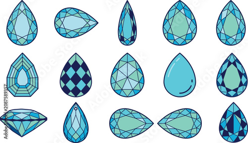 Bilde på lerret Blue Pear Shaped Teardrop Gemstones and Aquamarine Crystals Icon Set for Luxury