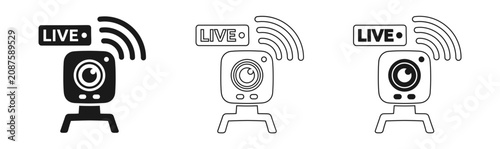 Set of live streaming camera icons in black and white