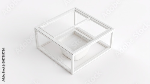 Geometric white box design with glass walls and interior bowl on white