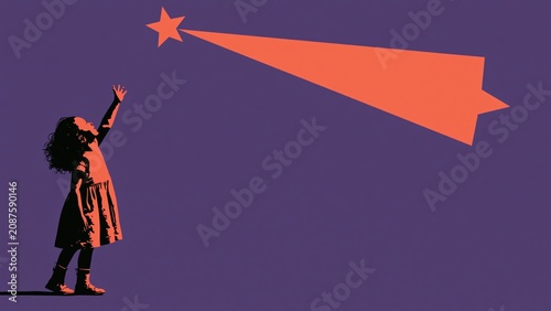 Girl reaching toward orange shooting star on purple background.