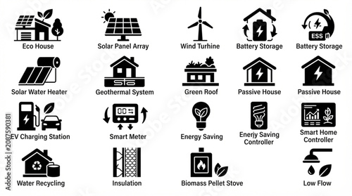 Collection of renewable energy and eco friendly home icons.