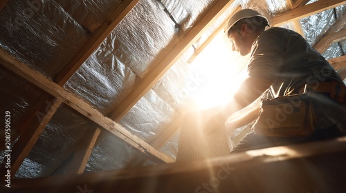 Worker renovating a roof with sunlight streaming in.