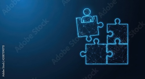 Digital Puzzle Pieces Connecting With Human Figure Icon for Teamwork and Business Solutions