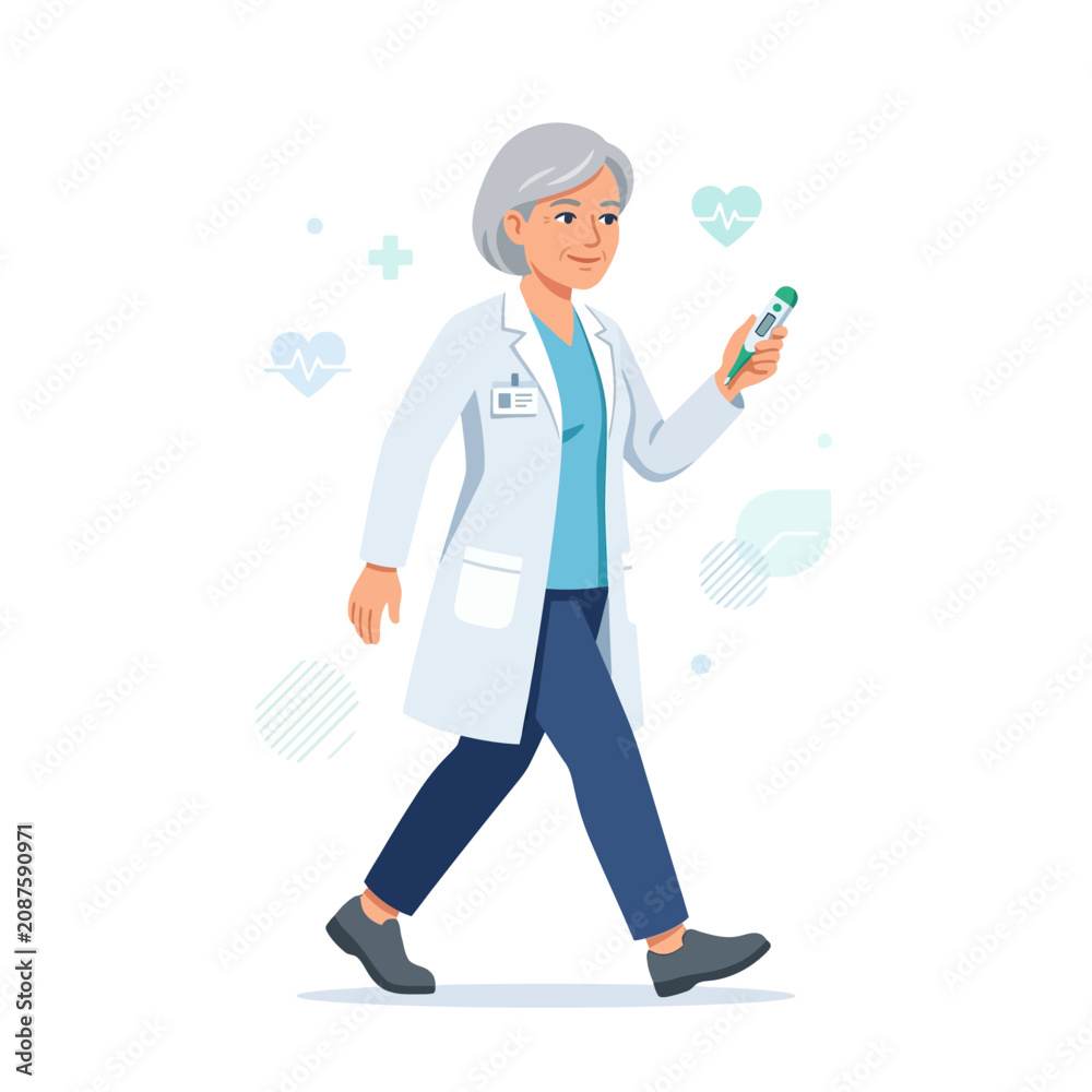Fototapeta premium Professional Doctor Walking With Thermometer Healthcare Personnel Representing Medical Expertise