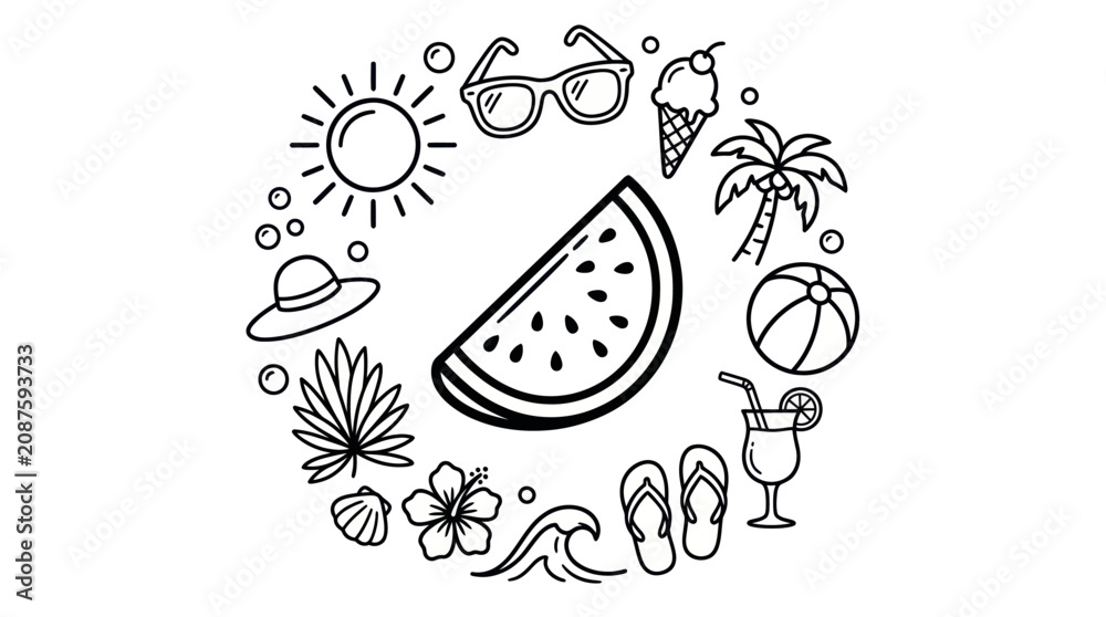 Naklejka premium Watermelon slice with summer fruit and beach icons