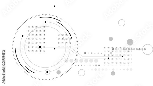 Abstract technological background featuring geometric shapes, connected lines, data grids, and flowing circles, representing digital communication and innovation.