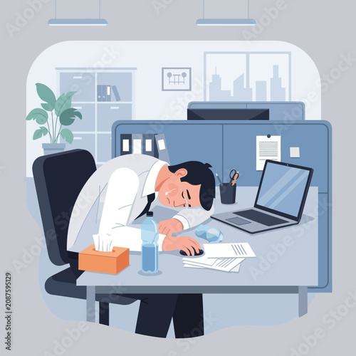 Overworked Businessman Sleeping At His Desk Exhausted From Long Hours