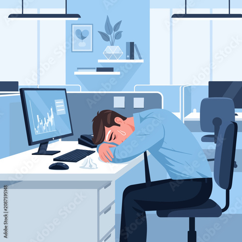 Overworked Businessman Slumped At Desk Exhausted And Dreaming Of A Break