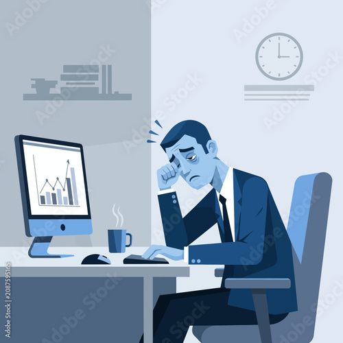 Overworked Businessman Struggling With Late Night Office Work And Financial Data Graphs