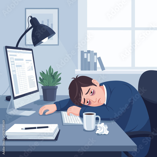 Overworked Employee Collapses At Desk Tiredness And Burnout Concept