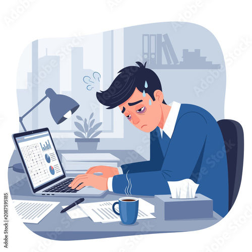 Overworked Businessman Struggling With Digital Tasks And Stress