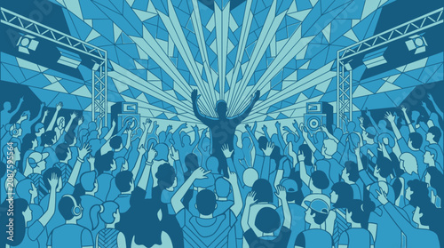 활기찬 군중과 함께하는 DJ 공연의 일러스트레이션으로, 화려한 조명 아래 음악 축제에서 열광하며 손을 흔드는 사람들의 모습을 단색의 파란색 톤으로 표현한 예술적인 그래픽 디자인입니다.