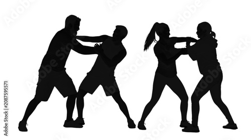 Tableau sur toile Three silhouettes fighting or practicing martial arts in dynamic poses