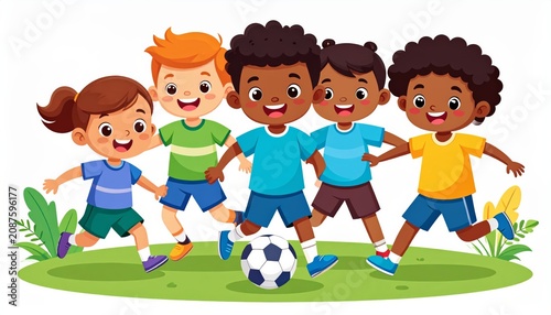 Diverse group of happy kids playing soccer.
