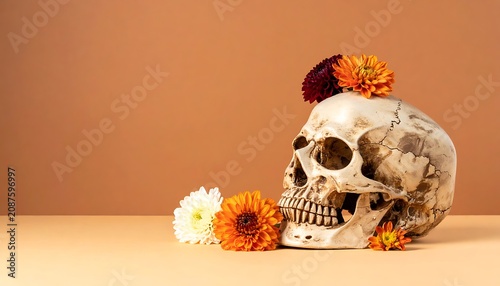 A human skull adorned with vibrant orange, white, and burgundy chrysanthemums, presented against a warm terracotta background, evoking themes of mortality and remembrance, Dia de los Muertos