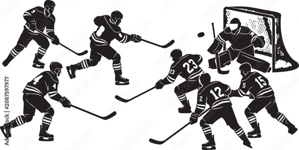 Fototapeta premium Hockey players in action during a game with a goalie defending the net and puck in motion