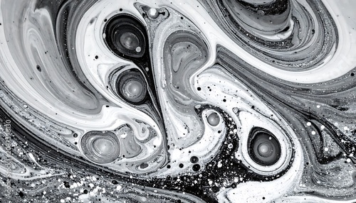abstract black and white marbled pattern resembling swirling ink in water with organic shapes and textures, dynamic flow effect