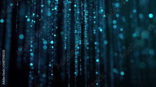Dynamic digital data flow featuring glowing binary digits and abstract technological bokeh effects