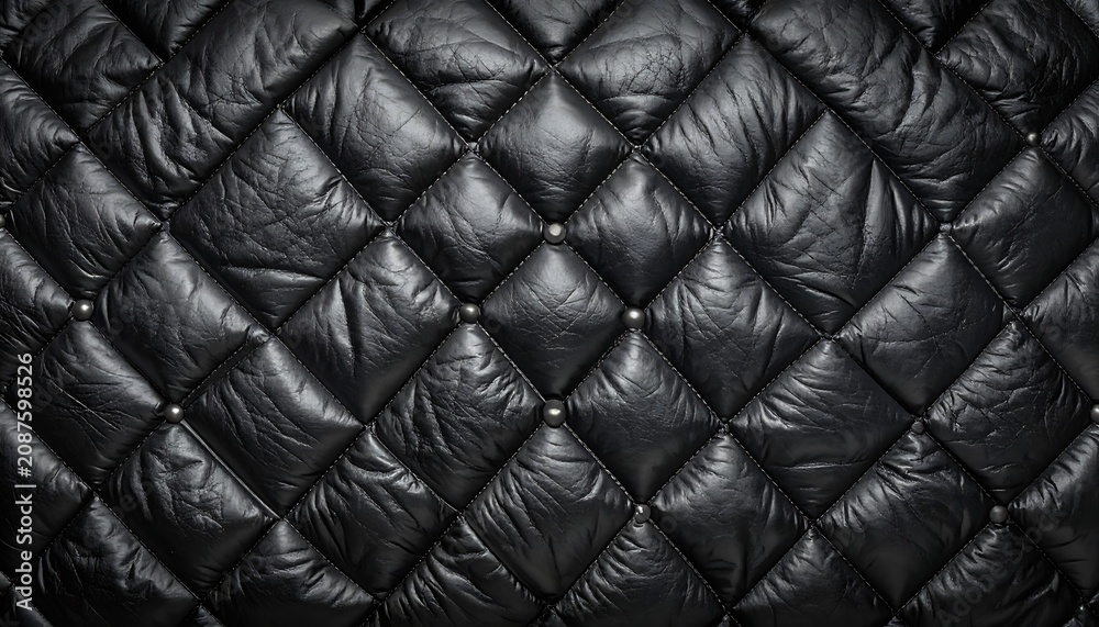 Fototapeta premium Abstract black quilted upholstery texture with small water droplets, luxurious and rich background pattern