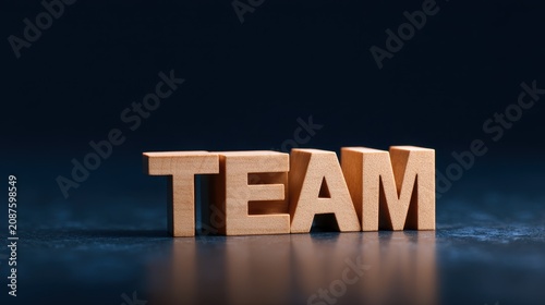 Synergy and success Wooden TEAM letters on a dark, reflective surface symbolizing unity.