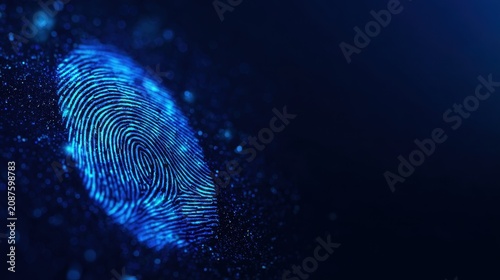 Futuristic glowing fingerprint on a dark digital background, representing biometric security and data protection