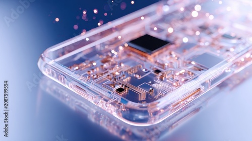 Innovative transparent smartphone with illuminated circuits, symbolizing connectivity and digital future