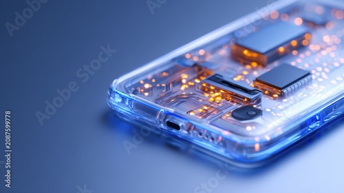Futuristic Translucent Mobile Device Displaying Glowing Microchips and Advanced Data Flow