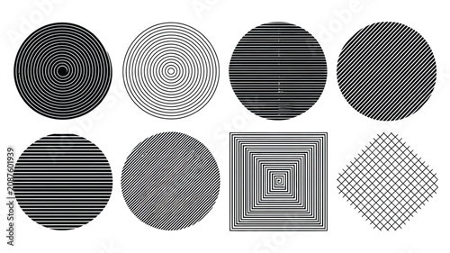 Abstract geometric texture shapes set featuring halftone lines circles square grid patterns isolated on white background vector design graphic elements