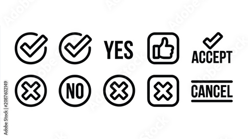 Tableau sur toile Check mark and cross vector icon set with yes no accept cancel thumbs up buttons