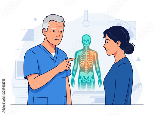 Medical Consultation Featuring Holographic Skeletal Anatomy Display