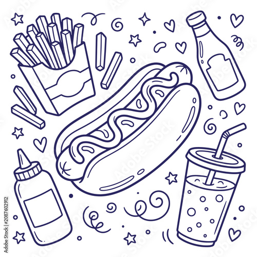Hand drawn doodle set featuring a classic hot dog, a portion of french fries, a bottle of ketchup, and a soda cup, wallpaper background, isolated on a, white background, black, and white line style