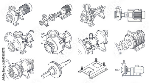 Fotografie Collection of Industrial Pump Illustrations and Technical Drawings
