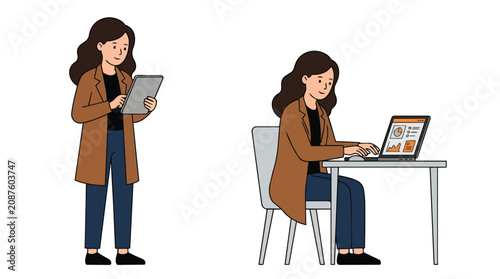 Professional businesswoman multitasking with digital devices in minimalist flat vector illustration for workforce recruitment marketing
