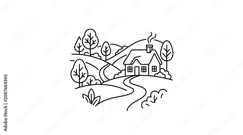 Obraz premium Charming Cottage in Rolling Hills Landscape Line Art