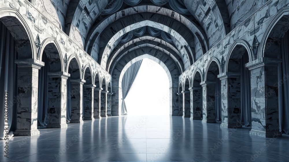 Obraz premium Marble hall features repeating arches, dark tones, bright light source. Dramatic perspective creates depth, elegant interior space.