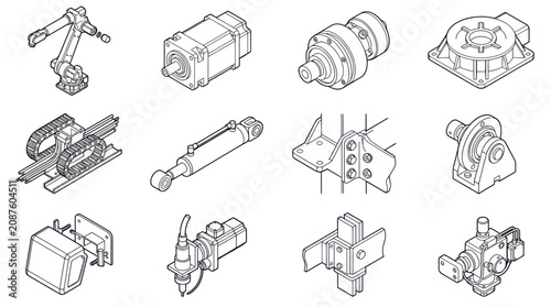 Detailed collection of industrial mechanical components and robotic parts in isometric line art.