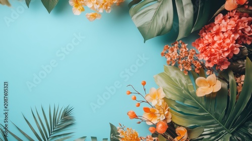 Vibrant tropical flowers & leaves frame a light blue background