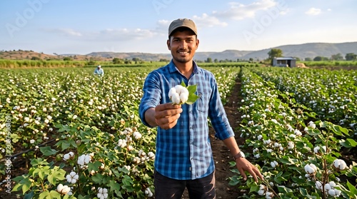 Indian Farmer Showing Cotton Boll in Field
