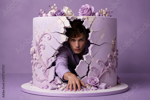 Surreal concept of a handsome young man breaking out of a massive decorated purple fondant cake