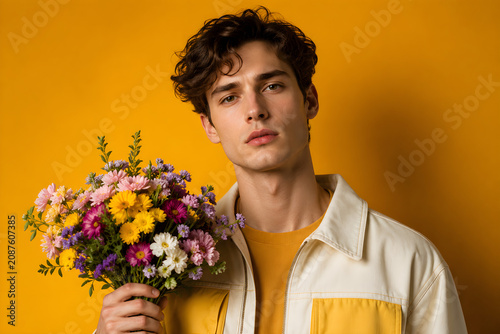 Handsome young man holding a vibrant bouquet of colorful flowers against a solid yellow background