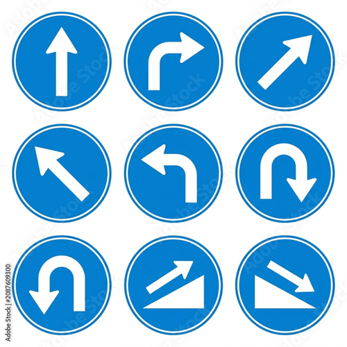 Tableau sur toile Collection of blue circular traffic direction signs.