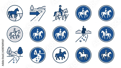 Tableau sur toile Collection of blue equestrian sport icons on white.