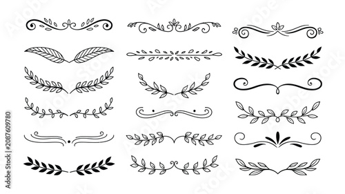 Obraz na plátně Vintage floral dividers vector set with hand drawn black laurels branches borders and swirls isolated on white background design
