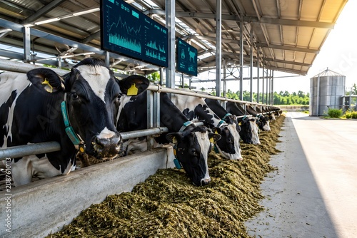 Dairy cows eating silage inside smart agricultural barn