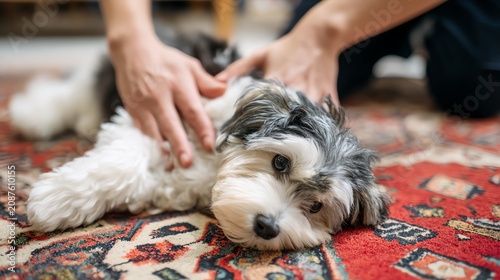Cuddly puppy being pampered on soft rug.