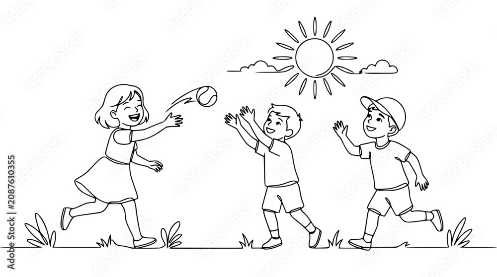 Naklejka premium Children playing catch with a ball outdoors on a sunny day, line art illustration