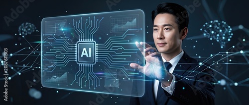 A skilled businessman engaging with an ai technology interface highlighting innovation and digital transformation within a contemporary corporate setting showcasing the future of work.
