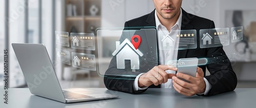 Businessman engaged in real estate research utilizing a smartphone to explore virtual home listings showcased on a laptop screen within a contemporary office environment